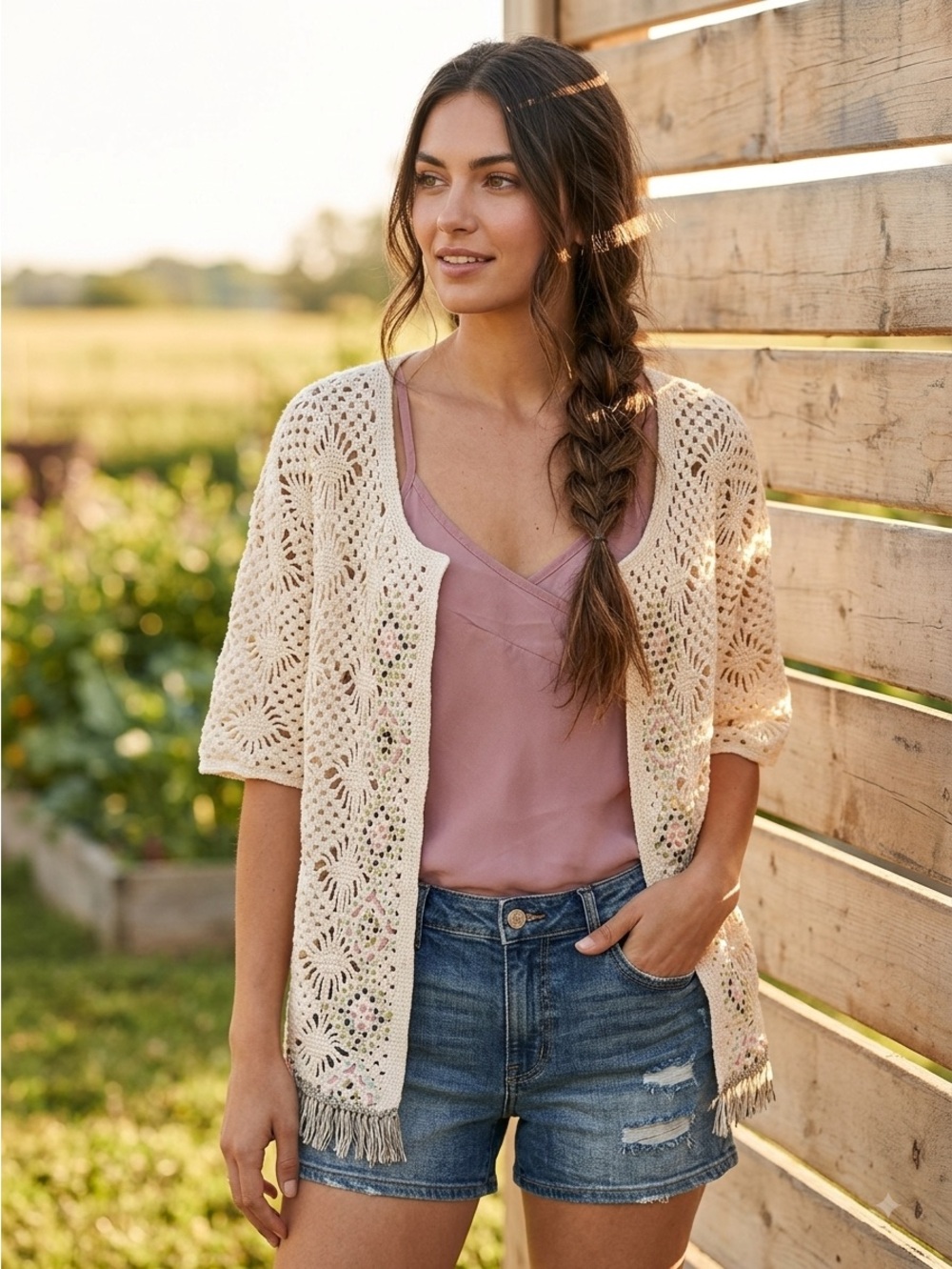 Boho Crochet Cardigan with Fringe - Size Large